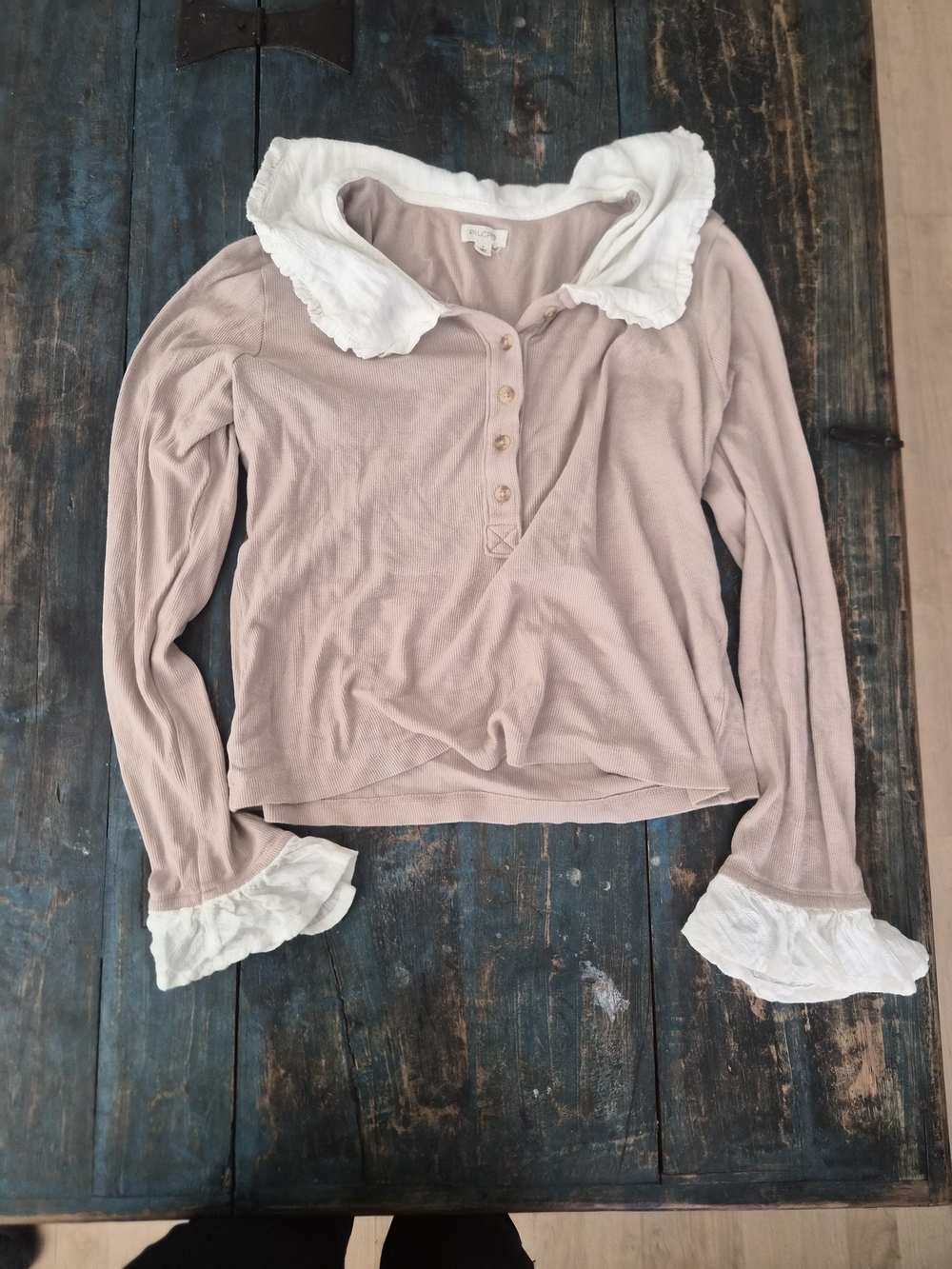 Pilcro Blush Pink Ruffle Collar Long-Sleeve Top